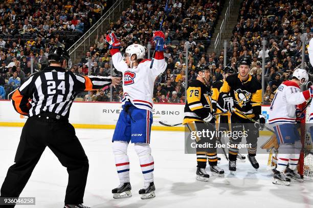 Jacob de la Rose of the Montreal Canadiens celebrates his second period goal against the Pittsburgh Penguins at PPG Paints Arena on March 21, 2018 in...
