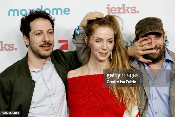 German actor Fahri Yardim, German actress Pheline Roggan and German presenter and actor Christian Ulmen during the 'jerks' premiere at Zoo Palast on...