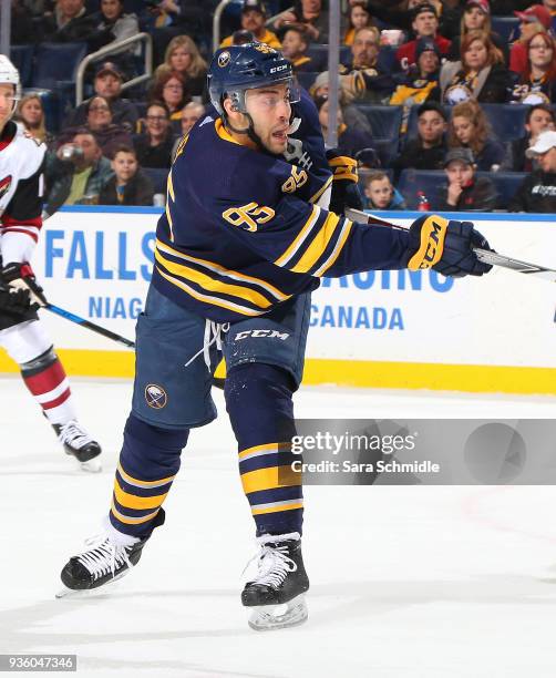 Justin Bailey of the Buffalo Sabres fires the puck during an NHL game against the Arizona Coyotes on March 21, 2018 at KeyBank Center in Buffalo, New...