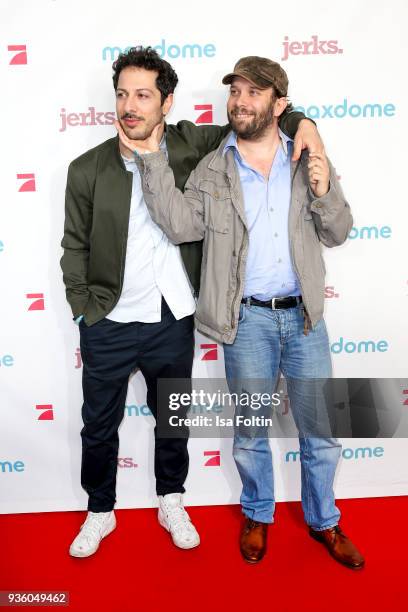 German actor Fahri Yardim and German presenter and actor Christian Ulmen during the 'Jerks' premiere at Zoo Palast on March 21, 2018 in Berlin,...