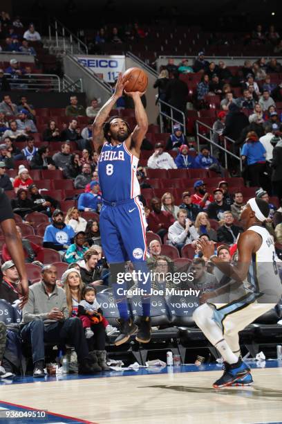 James Young of the Philadelphia 76ers shoots the ball during the game against the Memphis Grizzlies on March 21, 2018 at the Wells Fargo Center in...