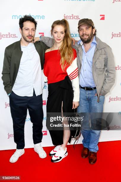 German actor Fahri Yardim, German actress Pheline Roggan and German presenter and actor Christian Ulmen during the 'Jerks' premiere at Zoo Palast on...