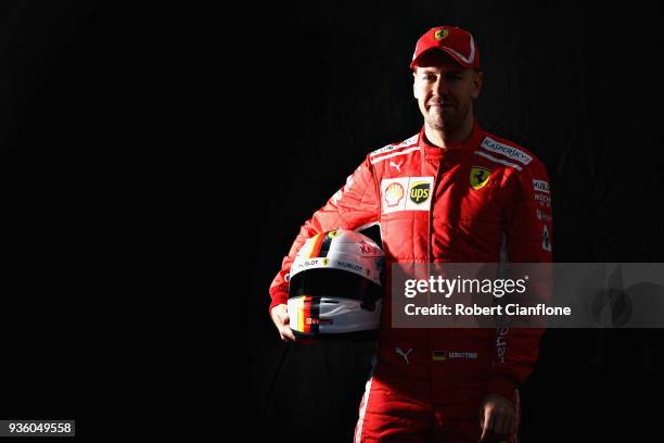 Sebastian Vettel of Germany and Ferrari poses for a photo during previews ahead of the Australian Formula One Grand Prix at Albert Park on March 22,...
