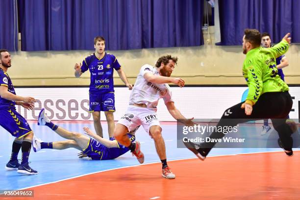 Mathieu Bataille of Ivry beats Samir Bellahcene of Massy during the Lidl Starligue match between Massy and Ivry on March 21, 2018 in Massy, France.