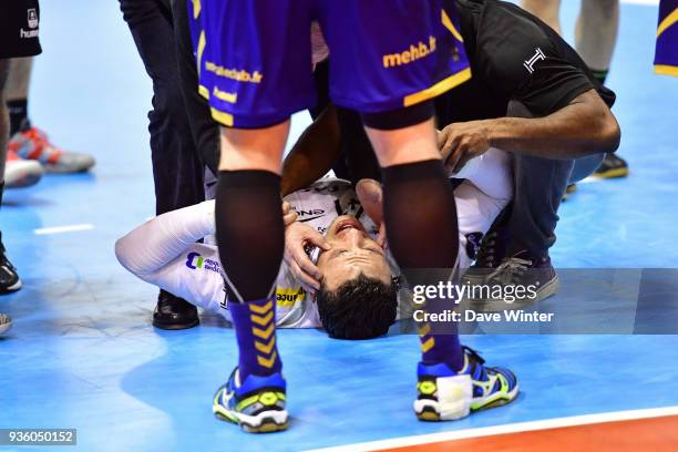 Johann Caron of Massy receives a red card for a four on Youssef Ben Ali of Ivry during the Lidl Starligue match between Massy and Ivry on March 21,...