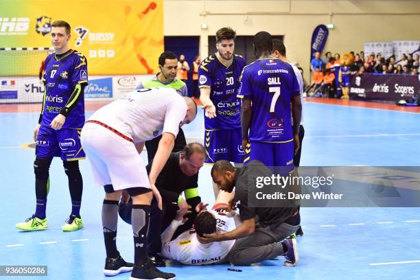 Johann Caron of Massy receives a red card for a four on Youssef Ben Ali of Ivry during the Lidl Starligue match between Massy and Ivry on March 21,...