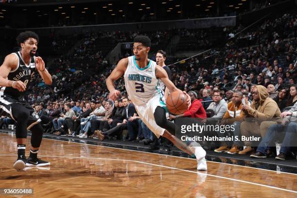 Jeremy Lamb of the Charlotte Hornets handles the ball against the Brooklyn Nets on March 21, 2018 at Barclays Center in Brooklyn, New York. NOTE TO...