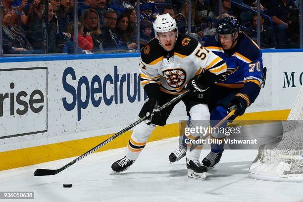 Oskar Sundqvist of the St. Louis Blues defends against Tommy Wingels of the Boston Bruins at Scottrade Center on March 21, 2018 in St. Louis,...