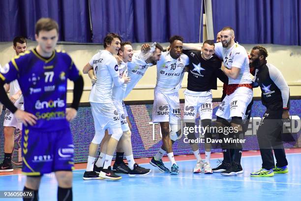 Disappointment for Massy as Ivry celebrate winning the Lidl Starligue match between Massy and Ivry on March 21, 2018 in Massy, France.