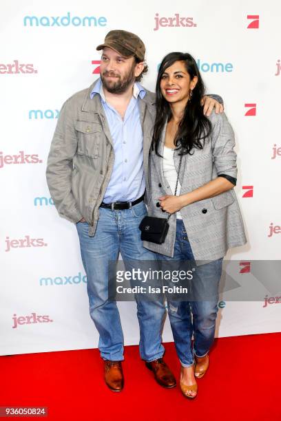 German presenter and actor Christian Ulmen and his wife German presenter Collien Ulmen-Fernandes during the 'Jerks' premiere at Zoo Palast on March...