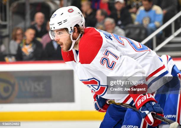 Alex Galchenyuk of the Montreal Canadiens skates during the game against the Pittsburgh Penguins at PPG Paints Arena on March 21, 2018 in Pittsburgh,...