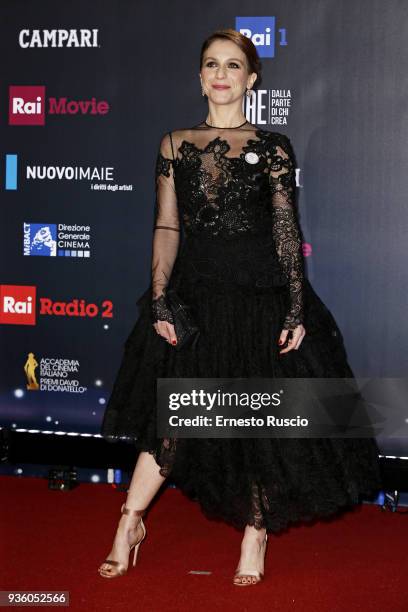 Isabella Ragonese walks the red carpet ahead of the 62nd David Di Donatello awards ceremony on March 21, 2018 in Rome, Italy.