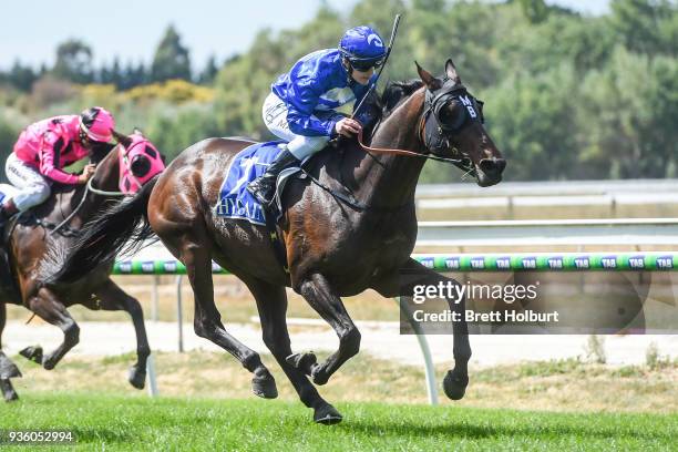 Apocalypto ridden by Chelsea MacFarlane wins the Woodside Park Stud BM58 Handicap at Kyneton Racecourse on March 21, 2018 in Kyneton, Australia.