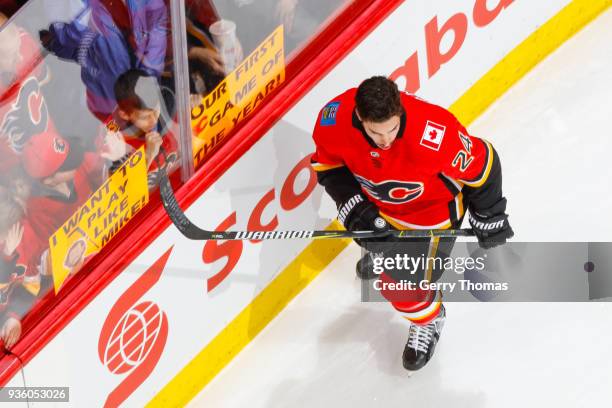 Travis Hamonic of the Calgary Flames at warm up in an NHL game on March 21, 2018 at the Scotiabank Saddledome in Calgary, Alberta, Canada.