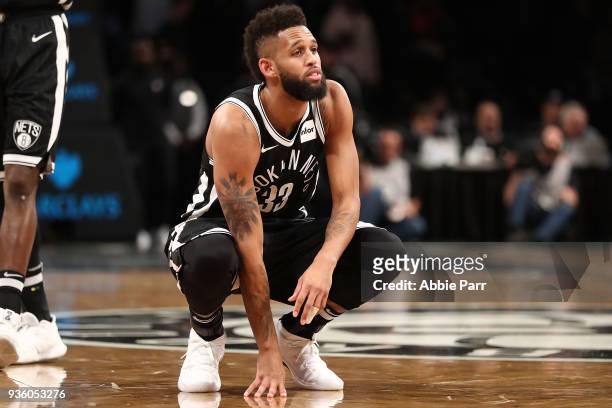 Allen Crabbe of the Brooklyn Nets reacts late in the fourth quarter against the Charlotte Hornets during their game at Barclays Center on March 21,...