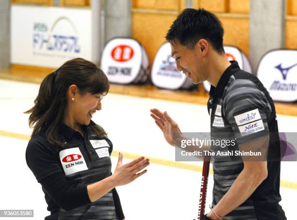 Chinami Yoshida and Tetsuro Shimizu compete on day two of the 11th All Japan Mixed Curling Championship at the Michigin Dream Stadium on March 15,...