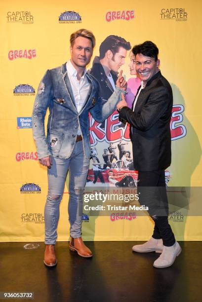 Nico Schwanz andMatthias Mangiapane attend the 'Grease' premiere on March 21, 2018 in Duesseldorf, Germany.