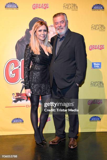 Harry Wijnvoord and guest attend the 'Grease' premiere on March 21, 2018 in Duesseldorf, Germany.