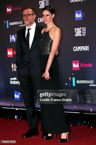 Valerio Mastandrea and Chiara Martegiani walk a red carpet ahead of the 62nd David Di Donatello awards ceremony on March 21, 2018 in Rome, Italy.