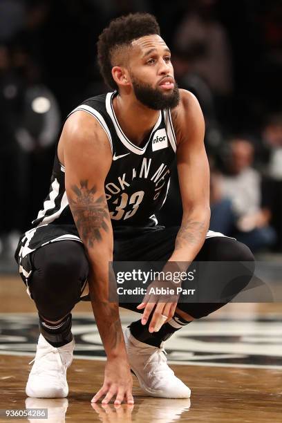 Allen Crabbe of the Brooklyn Nets reacts late in the fourth quarter against the Charlotte Hornets during their game at Barclays Center on March 21,...