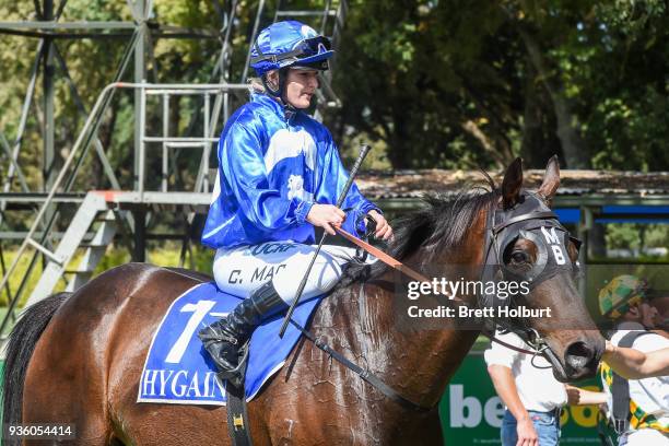 Chelsea MacFarlane returns to the mounting yard on Apocalypto after winning the Woodside Park Stud BM58 Handicap at Kyneton Racecourse on March 21,...
