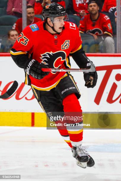 Sean Monahan of the Calgary Flames in an NHL game on March 21, 2018 at the Scotiabank Saddledome in Calgary, Alberta, Canada.