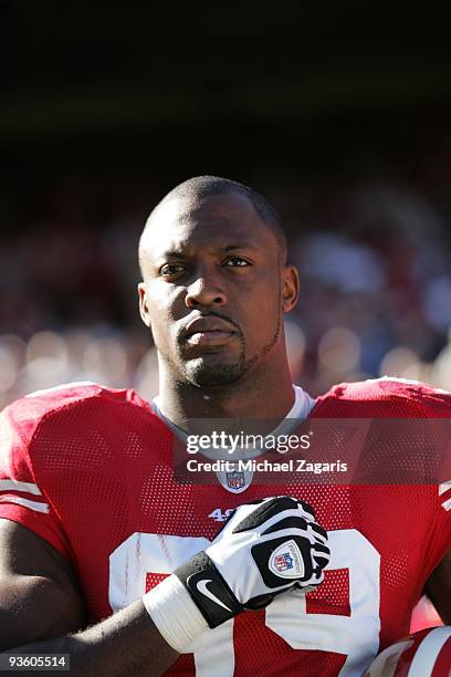 Manny Lawson of the San Francisco 49ers on the field prior to the NFL game against the Jacksonville Jaguars at Candlestick Park on November 29, 2009...