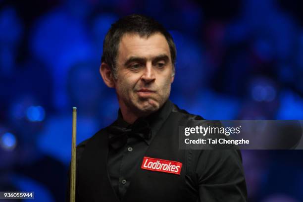 Ronnie O'Sullivan of England reacts during his quarter-final match against Ding Junhui of China on day three of 2018 Ladbrokes Players Championship...