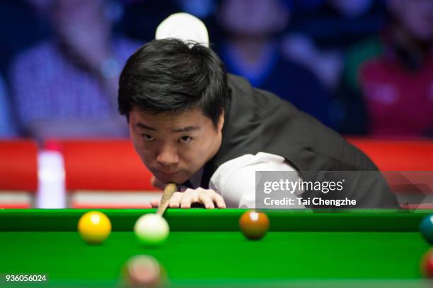 Ding Junhui of China plays a shot during his quarter-final match against Ronnie O'Sullivan of England on day three of 2018 Ladbrokes Players...