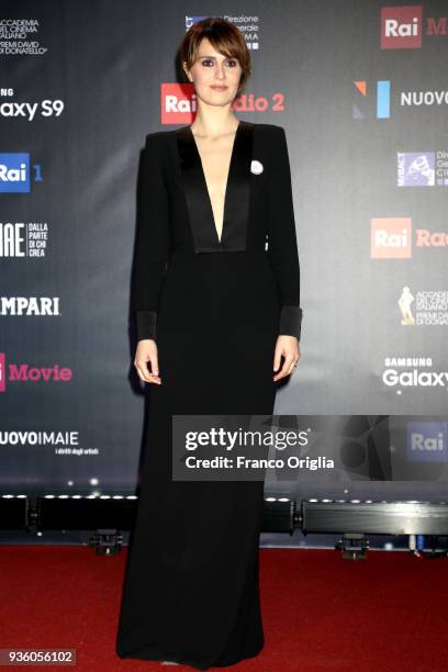 Paola Cortellesi walks a red carpet ahead of the 62nd David Di Donatello awards ceremony on March 21, 2018 in Rome, Italy.