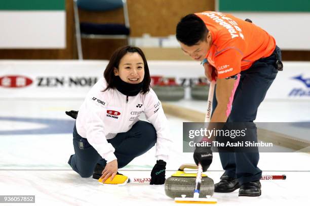 Satsuki Fujisawa and Tsuyoshi Yamaguchi compete on day one of the 11th All Japan Mixed Curling Championship at the Michigin Dream Stadium on March...