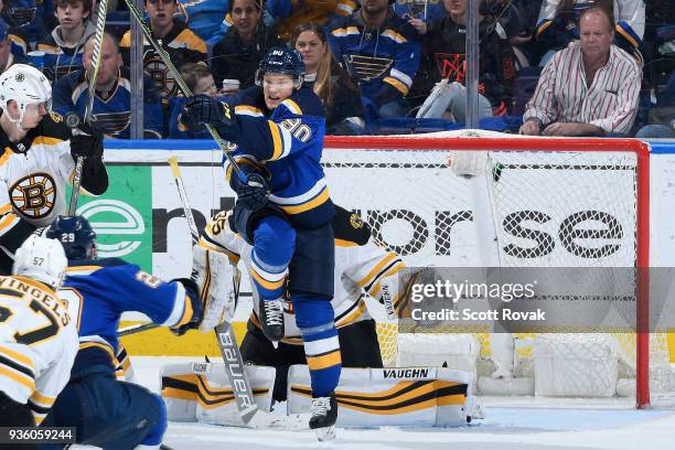 Nikita Soshnikov of the St. Louis Blues attempts a screen against the Boston Bruins at Scottrade Center on March 21, 2018 in St. Louis, Missouri.