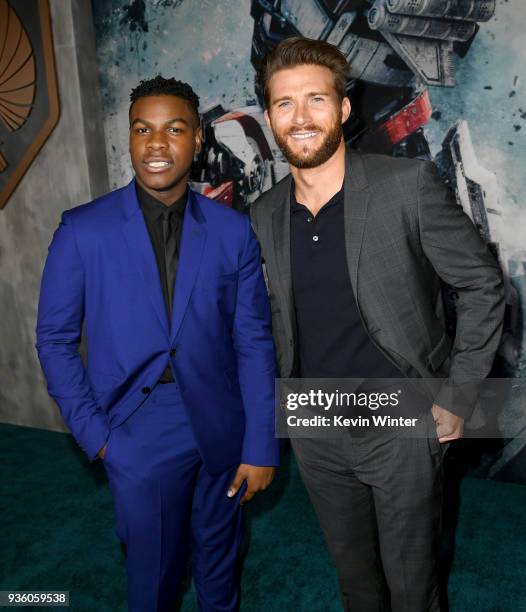 John Boyega and Scott Eastwood attend Universal's "Pacific Rim Uprising" premiere at TCL Chinese Theatre IMAX on March 21, 2018 in Hollywood,...