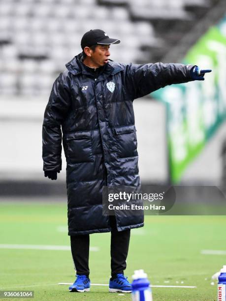 Head coach Masami Ihara of Avispa Fukuoka gestures during the J.League J2 match between Tokyo Verdy and Avispa Fukuoka at Ajinomoto Stadium on March...