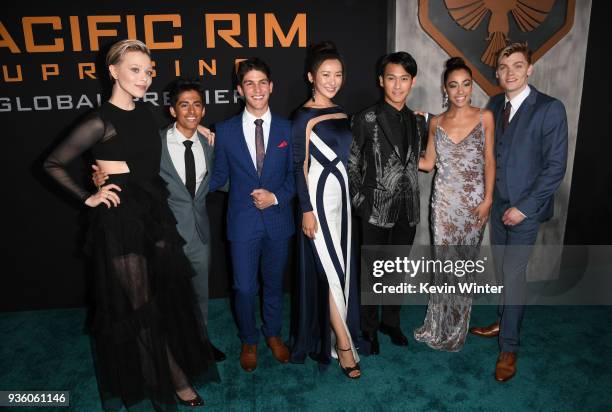 Ivanna Sakhno, Karan Brar, Rahart Adams, Lily Ji, Wesley Wong, Shyrley Rodriguez, and Levi Meaden attend Universal's "Pacific Rim Uprising" premiere...