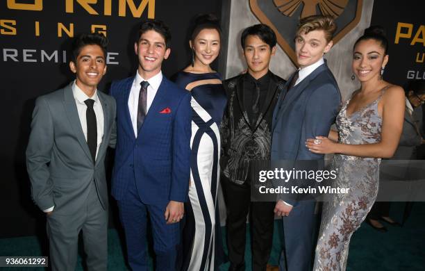 Karan Brar, Rahart Adams, Lily Ji, Wesley Wong, Shyrley Rodriguez, and Levi Meaden attend Universal's "Pacific Rim Uprising" premiere at TCL Chinese...