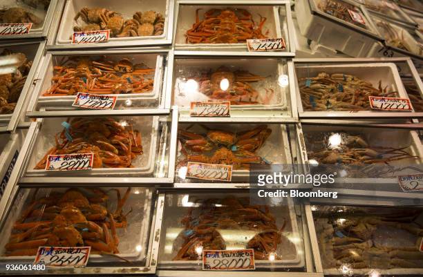 Crabs are displayed for sale at Omicho Market in Kanazawa, Japan, on Monday, March 19, 2018. Japan is scheduled to release February's Consumer Price...