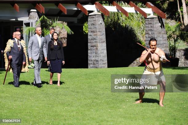 Barack Obama attends a powhiri at Government House on March 22, 2018 in Auckland, New Zealand. It is the former US president's first visit to New...