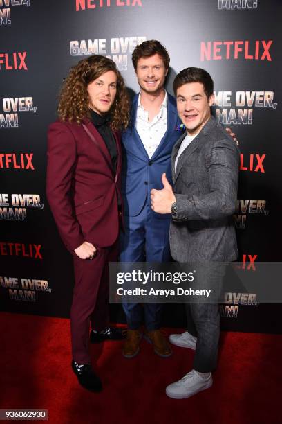 Blake Anderson, Anders Holm and Adam DeVine attend the premiere of Netflix's "Game Over, Man!" at Regency Village Theatre on March 21, 2018 in...