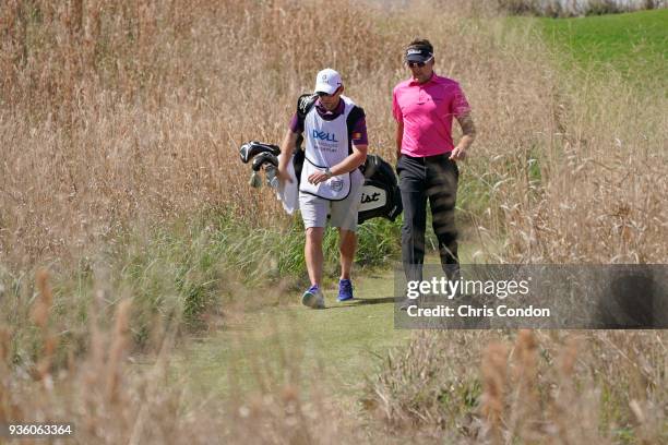 Ian Poulter of England walks off the 16th tee during round one of the World Golf Championship-Dell Technologies Match Play at Austin Country Club on...