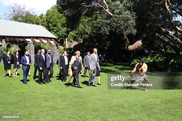 Barack Obama attends a powhiri at Government House on March 22, 2018 in Auckland, New Zealand. It is the former US president's first visit to New...