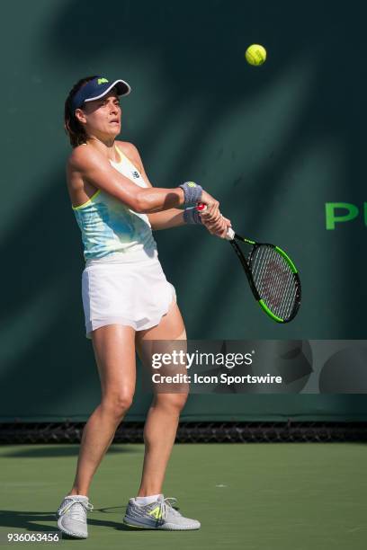 Key Biscayne, FL Nicole Gibbs competes during the qualifying round of the 2018 Miami Open on March 20 at Tennis Center at Crandon Park in Key...