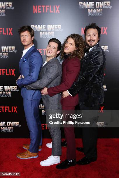 Anders Holm, Adam Devine, Blake Anderson, and Kyle Newacheck attend the premiere of Netflix's "Game Over, Man!" at Regency Village Theatre on March...