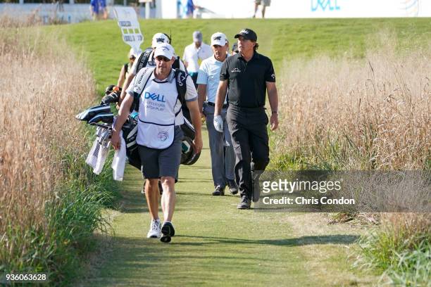 Phil Mickelson walks off the 16th tee during round one of the World Golf Championship-Dell Technologies Match Play at Austin Country Club on March...