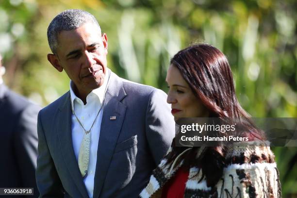 Barack Obama attends a powhiri with New Zealand Prime Minister Jacinda Ardern at Government House on March 22, 2018 in Auckland, New Zealand. It is...