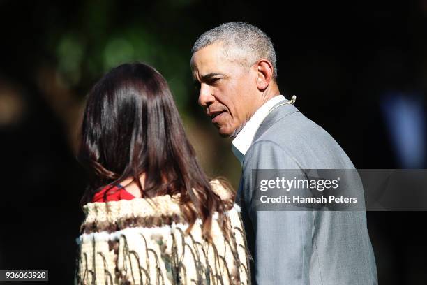 Barack Obama attends a powhiri with New Zealand Prime Minister Jacinda Ardern at Government House on March 22, 2018 in Auckland, New Zealand. It is...