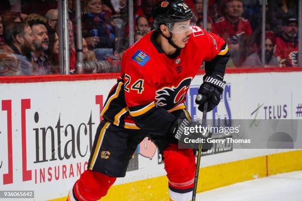 Travis Hamonic of the Calgary Flames in an NHL game on March 21, 2018 at the Scotiabank Saddledome in Calgary, Alberta, Canada.