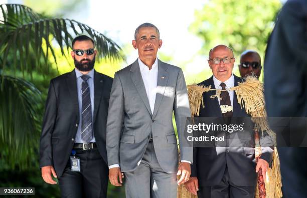 Barack Obama attends a powhiri at Government House on March 22, 2018 in Auckland, New Zealand. It is the former US president's first visit to New...