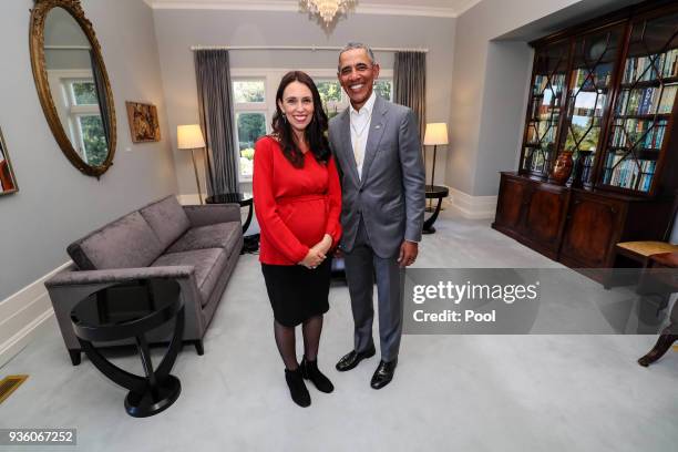 Barack Obama poses with New Zealand Prime Minister Jacinda Ardern at Government House on March 22, 2018 in Auckland, New Zealand. It is the former US...