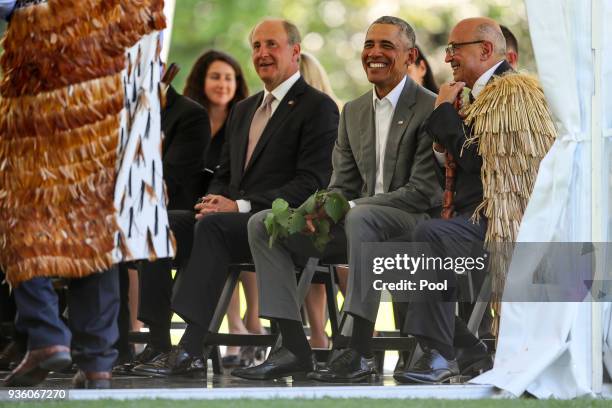 Barack Obama attends a powhiri at Government House on March 22, 2018 in Auckland, New Zealand. It is the former US president's first visit to New...